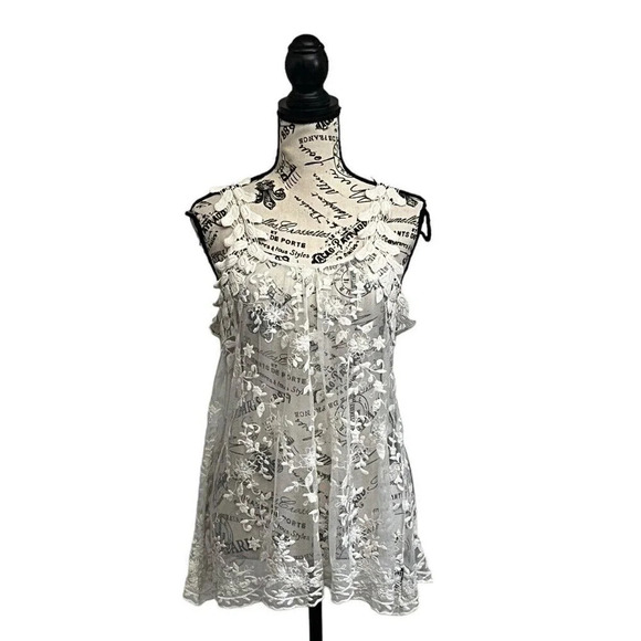 G Collection Womens Beige Lace Crochet Tunic  Coverup Boho Sheer Y2k Blouse L - Picture 2 of 10